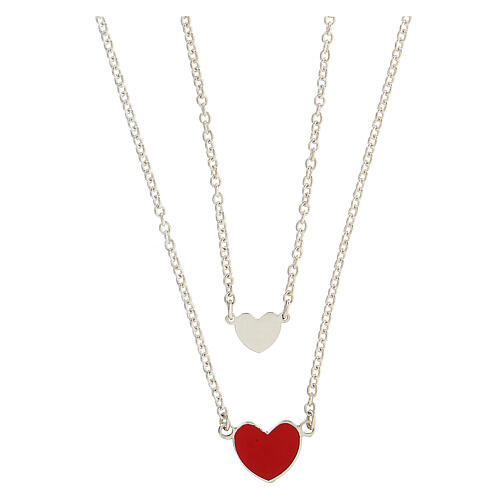 Double necklace with hearts, big heart in red enamel, 925 silver, HOLYART Collection 1