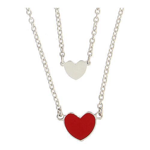 Double necklace with hearts, big heart in red enamel, 925 silver, HOLYART Collection 1