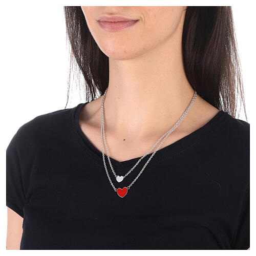 Double necklace with hearts, big heart in red enamel, 925 silver, HOLYART Collection 3