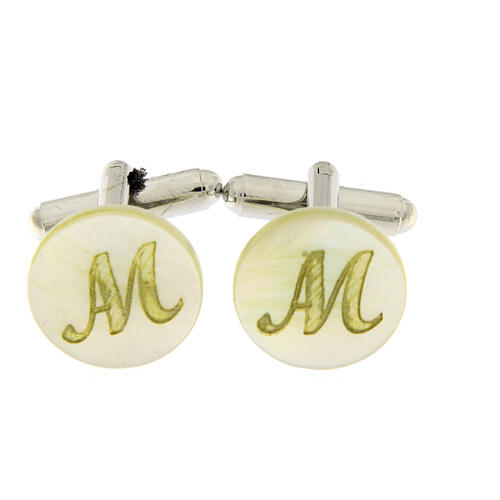 Round mother-of-pearl cufflinks with golden Marian symbol 1