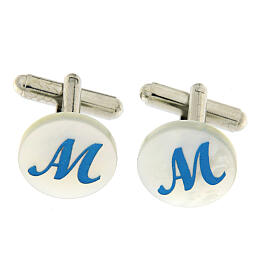 Round mother-of-pearl cufflinks with light blue Marian symbol