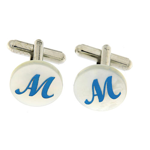 Round mother-of-pearl cufflinks with light blue Marian symbol 1