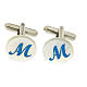 Round mother-of-pearl cufflinks with light blue Marian symbol s1