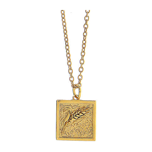 Necklace with square pendant, ear of wheat, gold plated 925 silver, HOLYART Collection 1