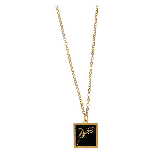 Necklace with square pendant, ear of wheat on black enamel, gold plated 925 silver, HOLYART Collection 1