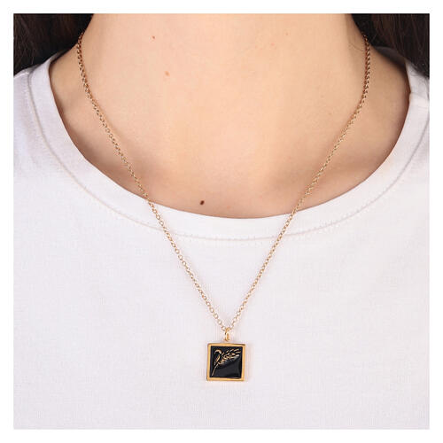 Necklace with square pendant, ear of wheat on black enamel, gold plated 925 silver, HOLYART Collection 2