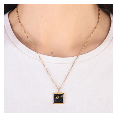 Necklace with square pendant, ear of wheat on black enamel, gold plated 925 silver, HOLYART Collection 2