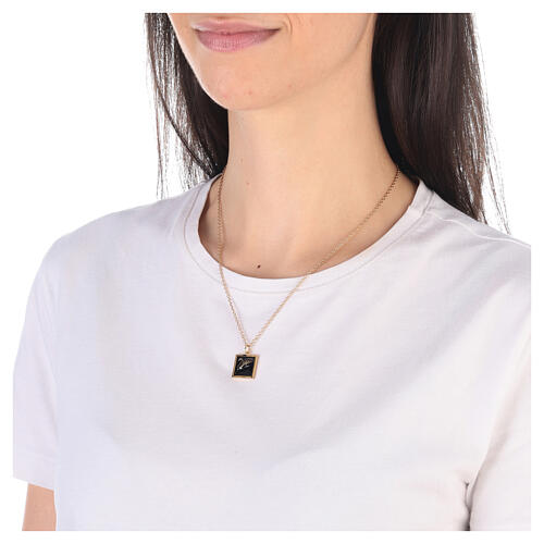 Necklace with square pendant, ear of wheat on black enamel, gold plated 925 silver, HOLYART Collection 3