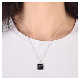 Necklace with square pendant, ear of wheat on black enamel, 925 silver, HOLYART Collection