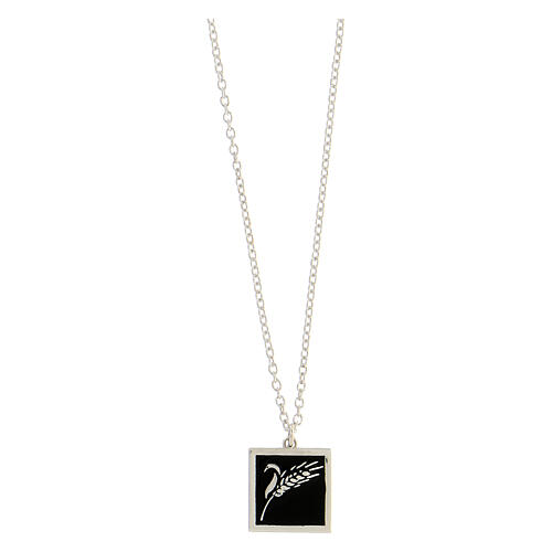 Necklace with square pendant, ear of wheat on black enamel, 925 silver, HOLYART Collection 1
