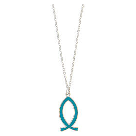 Necklace with light blue fish-shaped pendant, 925 silver, HOLYART Collection