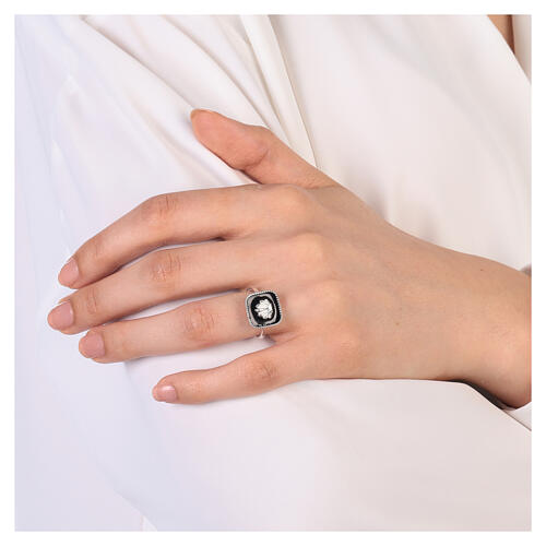 Adjustable ring, shell on black enamel, 925 silver HOLYART Collection 2