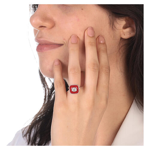 Adjustable ring, shell on red enamel, 925 silver HOLYART Collection 2