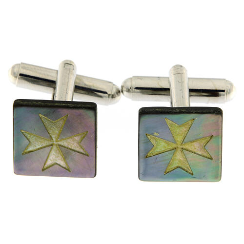 Square cufflinks with Maltese cross, grey mother-of-pearl 1