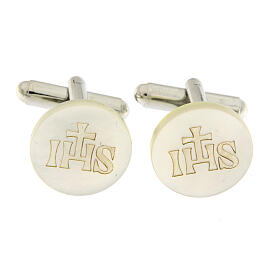 Round cufflinks with JHS, white mother-of-pearl