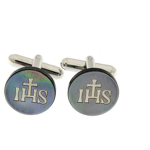 Round cufflinks with JHS, grey mother-of-pearl 1