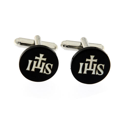 Round cufflinks with JHS, black mother-of-pearl 1