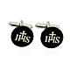 Round cufflinks with JHS, black mother-of-pearl s1
