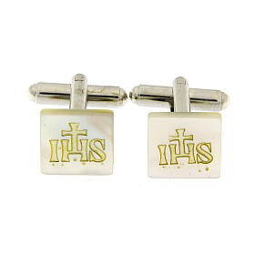 Cufflinks with JHS, square white mother-of-pearl button