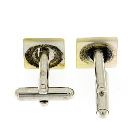 Cufflinks with JHS, square white mother-of-pearl button