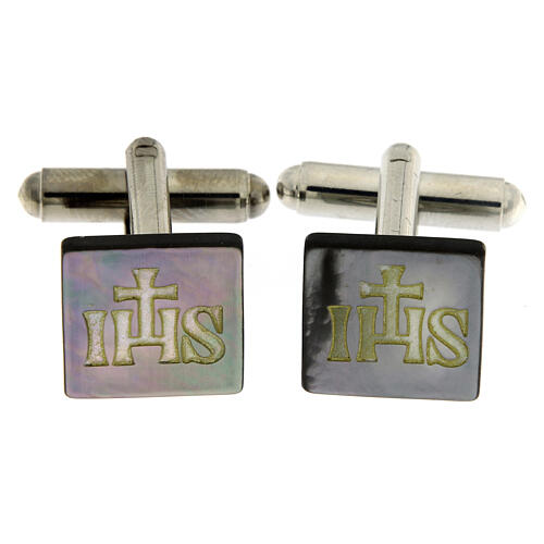 Cufflinks with JHS, square grey mother-of-pearl button 1