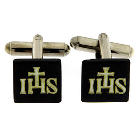 Cufflinks with JHS, square black mother-of-pearl button