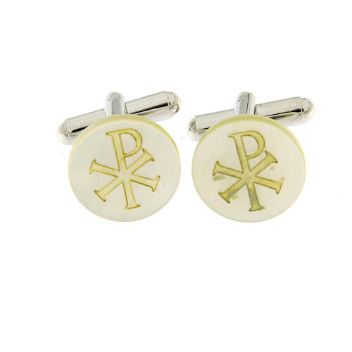 Cufflinks with Chi-Rho, round white mother-of-pearl button 1