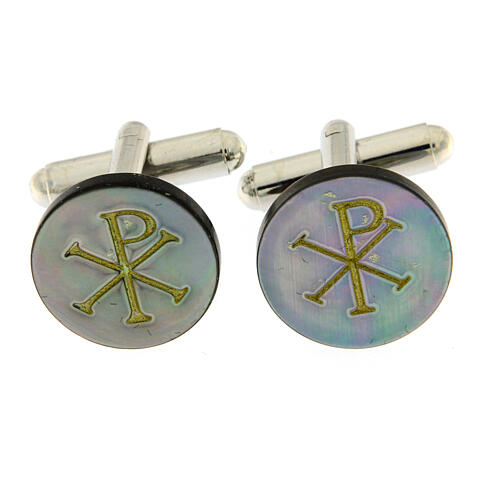 Cufflinks with Chi-Rho, round grey mother-of-pearl button 1