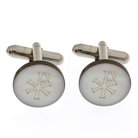 Boutons de manchette ronds avec Chi-Rho nacre grise