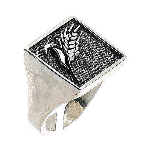 Adjustable signet ring with ear of wheat, burnished 925 silver, for men, HOLYART Collection 1