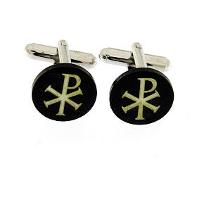 Cufflinks with Chi-Rho, round black mother-of-pearl button