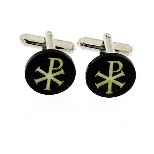 Cufflinks with Chi-Rho, round black mother-of-pearl button 1