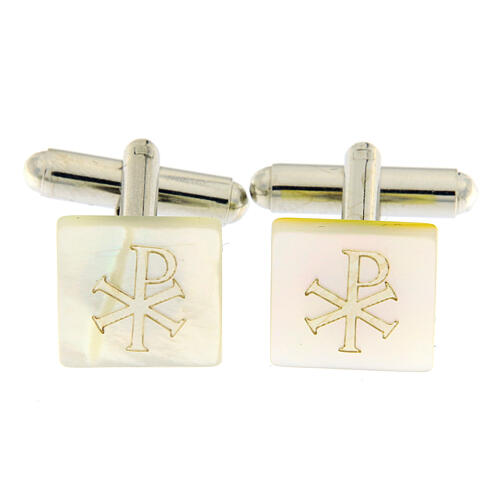 Cufflinks with Christogram, square white mother-of-pearl button 1