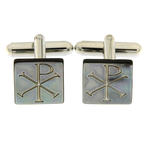 Cufflinks with Christogram, square grey mother-of-pearl button 1