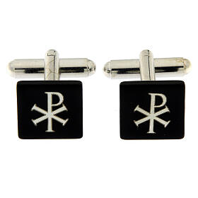 Cufflinks with Christogram, square black mother-of-pearl button