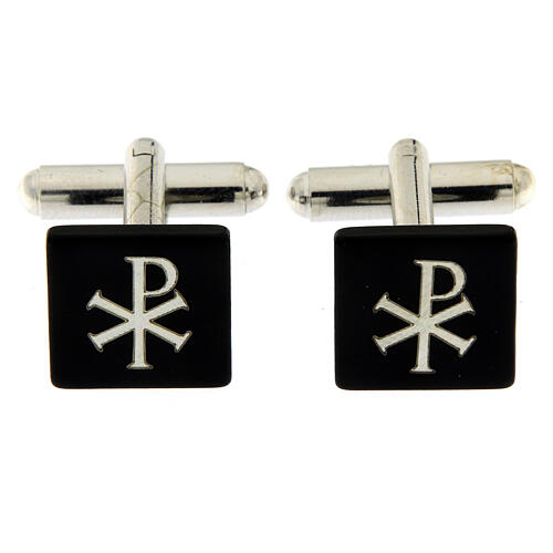 Cufflinks with Christogram, square black mother-of-pearl button 1