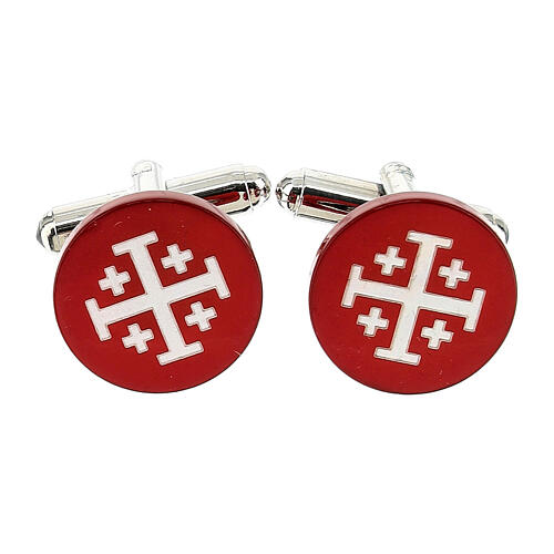Red mother-of-pearl cufflinks with screen-printed Jerusalem cross 1
