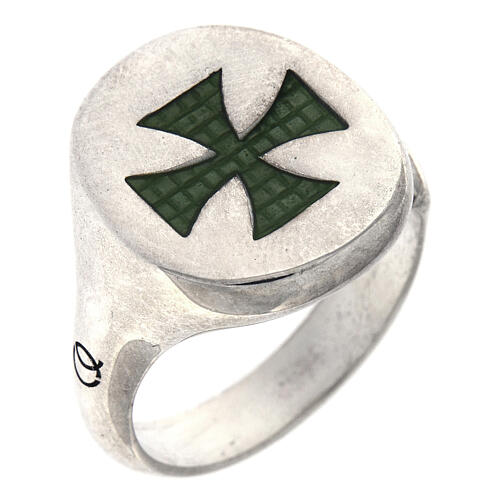Adjustable unisex signet ring with green Maltese cross, 925 silver, HOLYART Collection 1