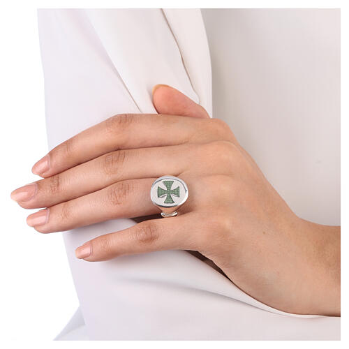 Adjustable unisex signet ring with green Maltese cross, 925 silver, HOLYART Collection 2