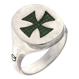 Unisex ring with green Maltese cross adjustable 925 silver HOLYART Collection