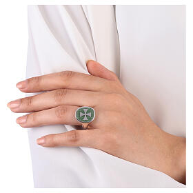 Adjustable unisex signet ring with Maltese cross on green enamel, 925 silver, HOLYART Collection