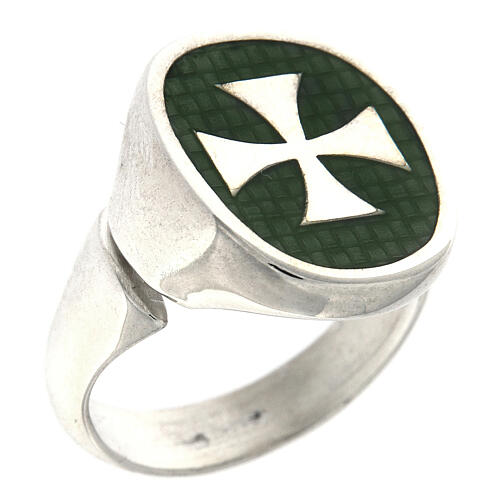 Adjustable unisex signet ring with Maltese cross on green enamel, 925 silver, HOLYART Collection 1