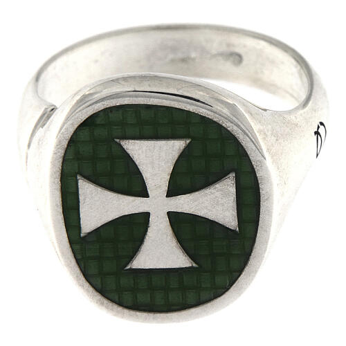 Adjustable unisex signet ring with Maltese cross on green enamel, 925 silver, HOLYART Collection 4
