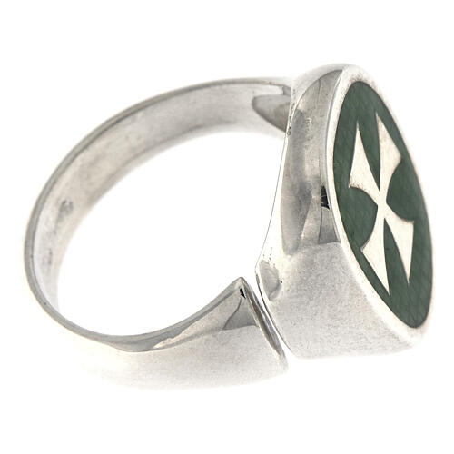 Adjustable unisex signet ring with Maltese cross on green enamel, 925 silver, HOLYART Collection 5