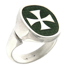 Pierścień regulowany, krzyż Maltański na zielonej emalii, unisex, srebro 925 HOLYART Collection