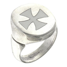 Adjustable unisex signet ring with white Maltese cross, 925 silver, HOLYART Collection