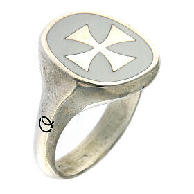 Adjustable signet ring with Maltese cross on white enamel, 925 silver, HOLYART Collection