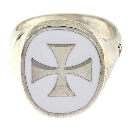 Adjustable signet ring with Maltese cross on white enamel, 925 silver, HOLYART Collection 3
