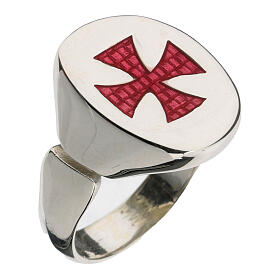 Adjustable unisex signet ring with burgundy Maltese cross, 925 silver, HOLYART Collection