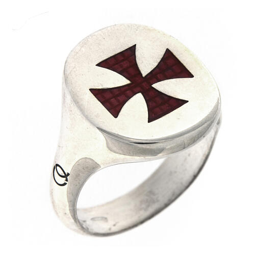 Adjustable unisex signet ring with burgundy Maltese cross, 925 silver, HOLYART Collection 1